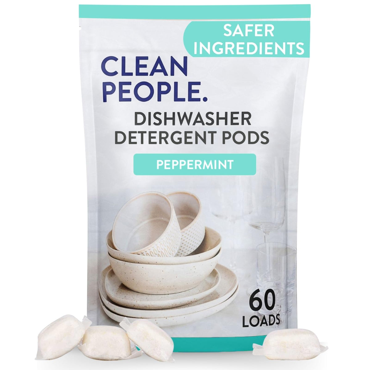 Clean People All Natural Dishwasher Pods - Cuts Grease & Rinses Sparkling Clean - Residue-Free - Phosphate Free Dishwashing Pods - Fragrance Free, 60 Pack