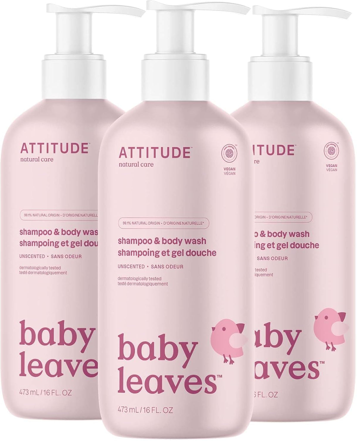 ATTITUDE Baby Shampoo, Body Wash & Soap 2-in-1, Unscented, 473 mL Proudly Canadian!