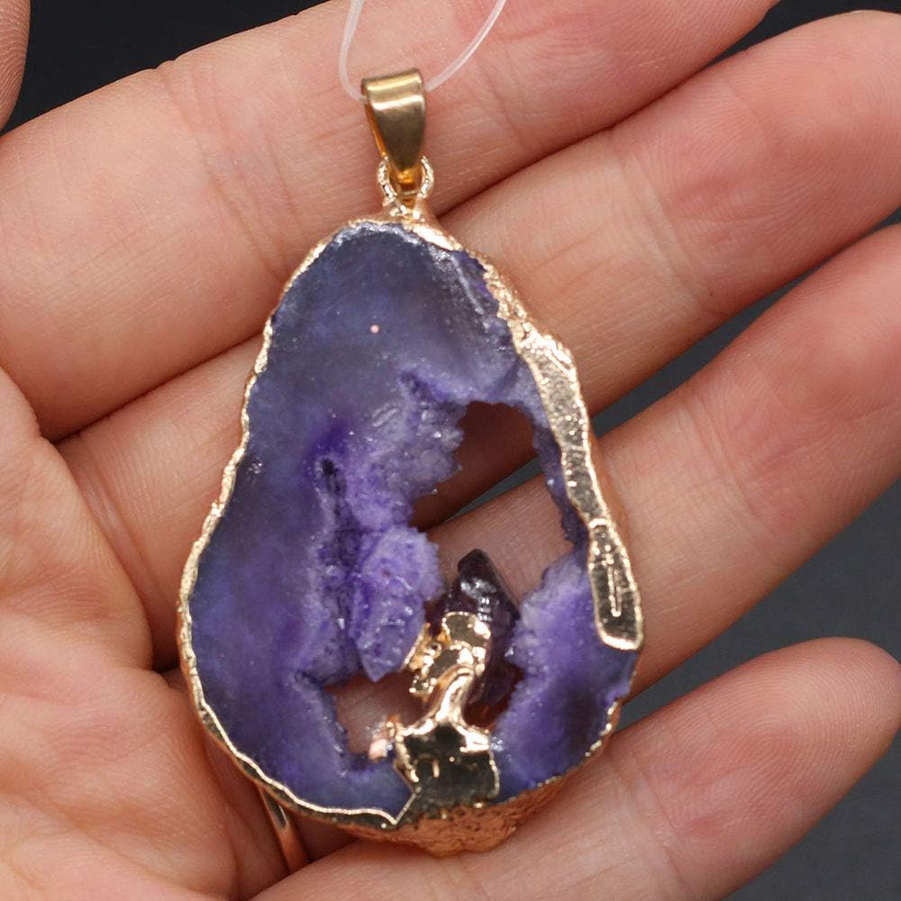 LE SKY Natural Irregular Geode Druzy Crystal Agate Pendants with Middle Crystal, 2 Pcs, Stone Agate, Crystal