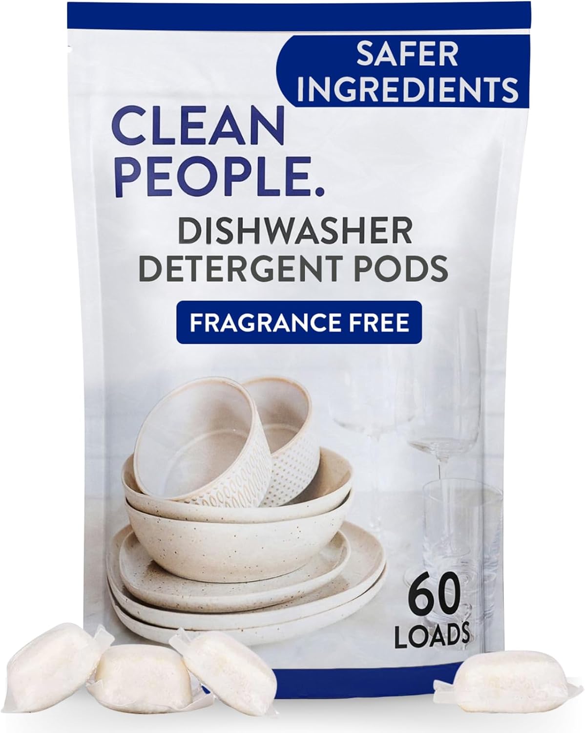 Clean People All Natural Dishwasher Pods - Cuts Grease & Rinses Sparkling Clean - Residue-Free - Phosphate Free Dishwashing Pods - Fragrance Free, 60 Pack