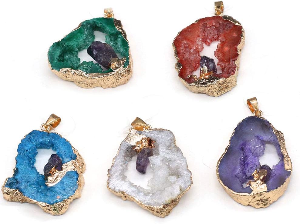 LE SKY Natural Irregular Geode Druzy Crystal Agate Pendants with Middle Crystal, 2 Pcs, Stone Agate, Crystal