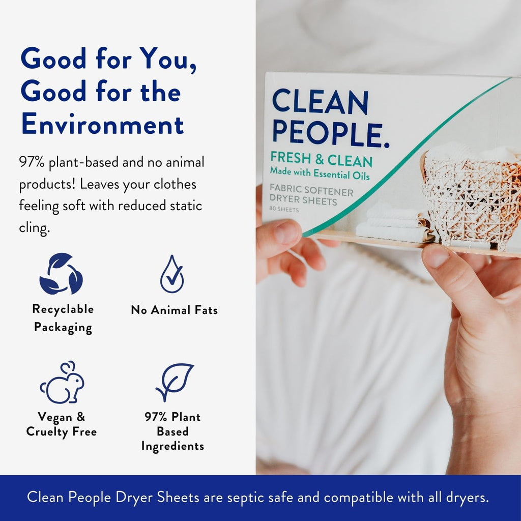 The Clean People Fabric Softener Sheets - Dryer Sheets - Softens & Removes Static Cling - Vegan Laundry Softener With Essential Oils - Fresh Scent, 120 Pack