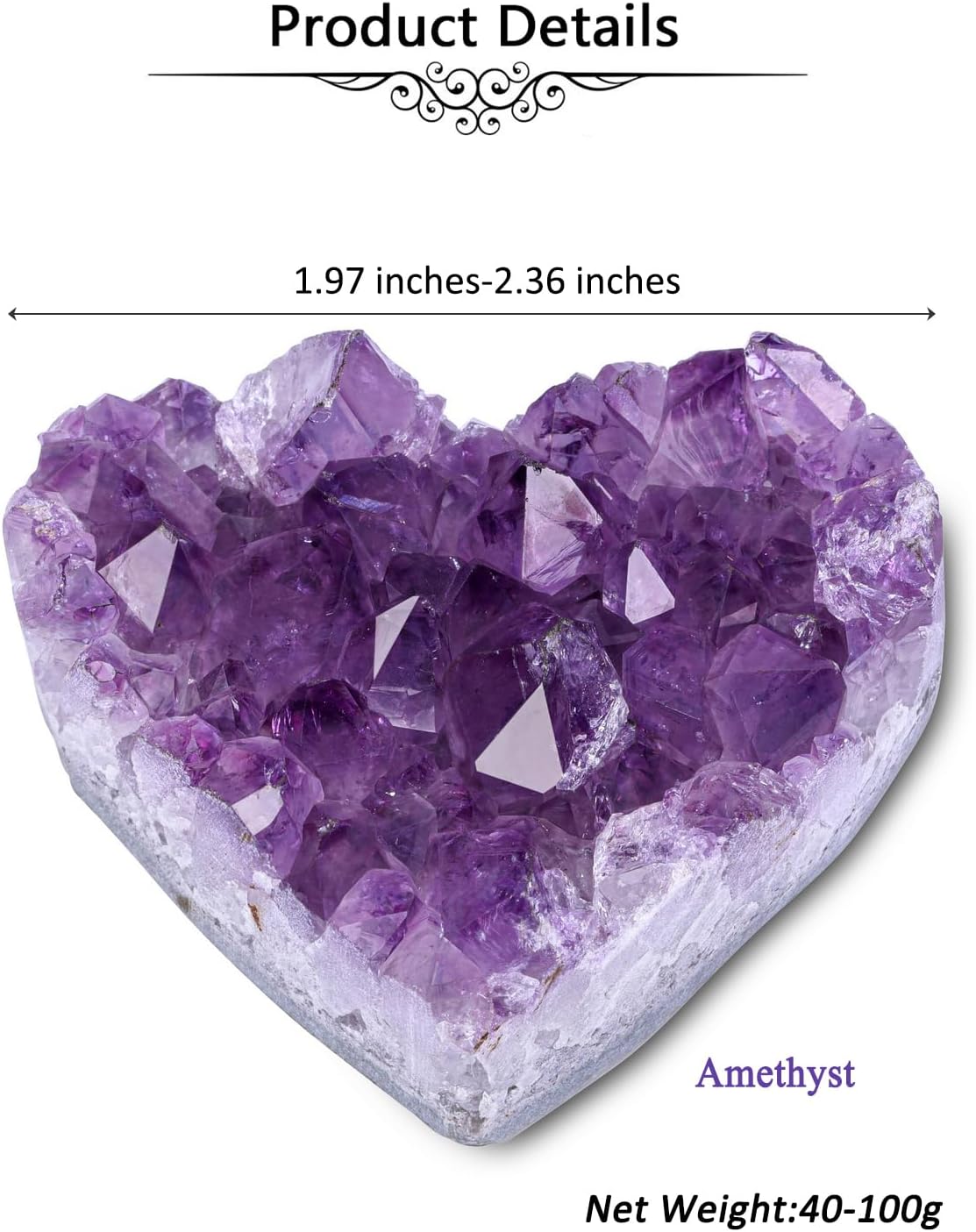 Jovivi Natural Raw Amethyst Heart Crystal Cluster Quartz Druzy, Medium