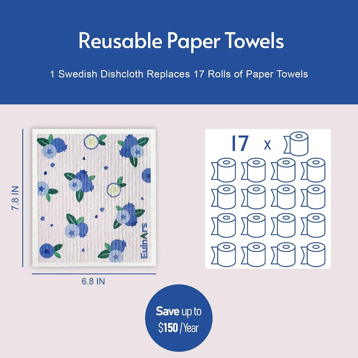 Eulnars Swedish Dish Cloth, 8 Pack Fruit Swedish Dishcloths for Kitchen, Reusable Paper Towels Washable, Biodegradable, Non-Scratch Cellulose Sponge Cloths, No Odor