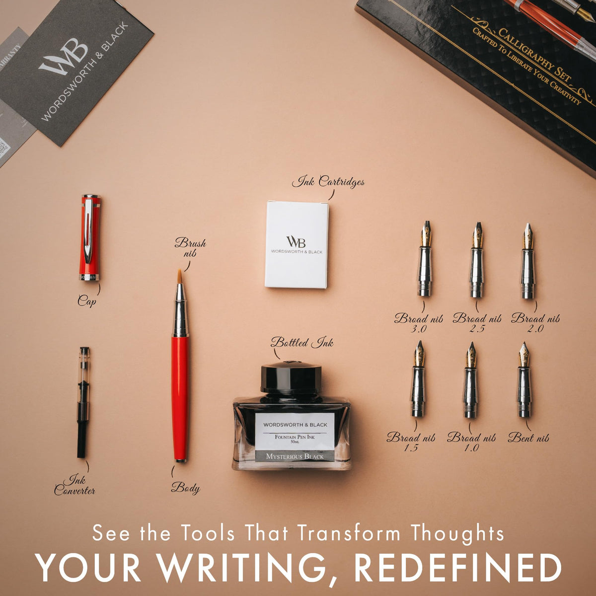 Wordsworth & Black Luxury Calligraphy Pen Set for Writing, 6 Nibs, Rainbow
