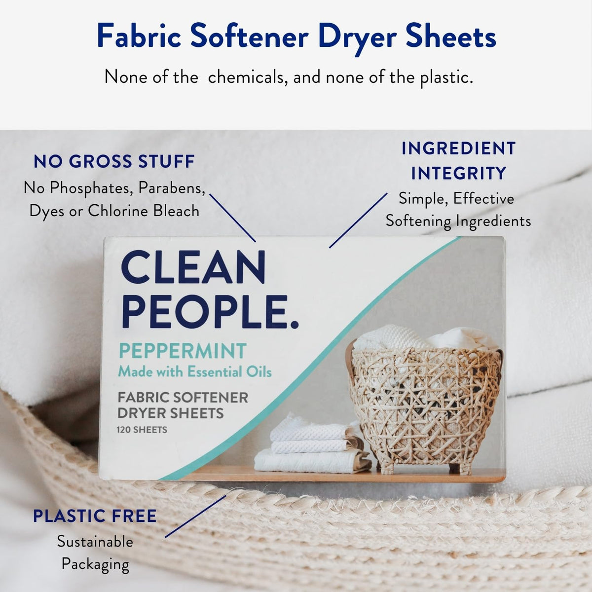 The Clean People Fabric Softener Sheets - Dryer Sheets - Softens & Removes Static Cling - Vegan Laundry Softener With Essential Oils - Fresh Scent, 120 Pack