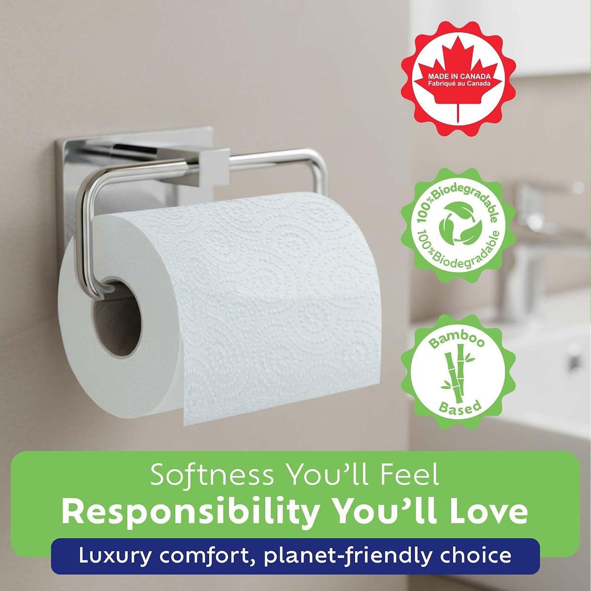 Bamboo Toilet Paper, Septic Safe 2 Ply 300 Sheets Per Roll,  RV Safe, Eco-Friendly Proudly Made in Canada