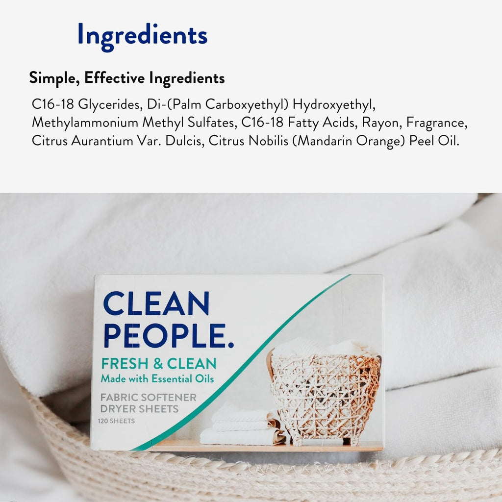 The Clean People Fabric Softener Sheets - Dryer Sheets - Softens & Removes Static Cling - Vegan Laundry Softener With Essential Oils - Fresh Scent, 120 Pack