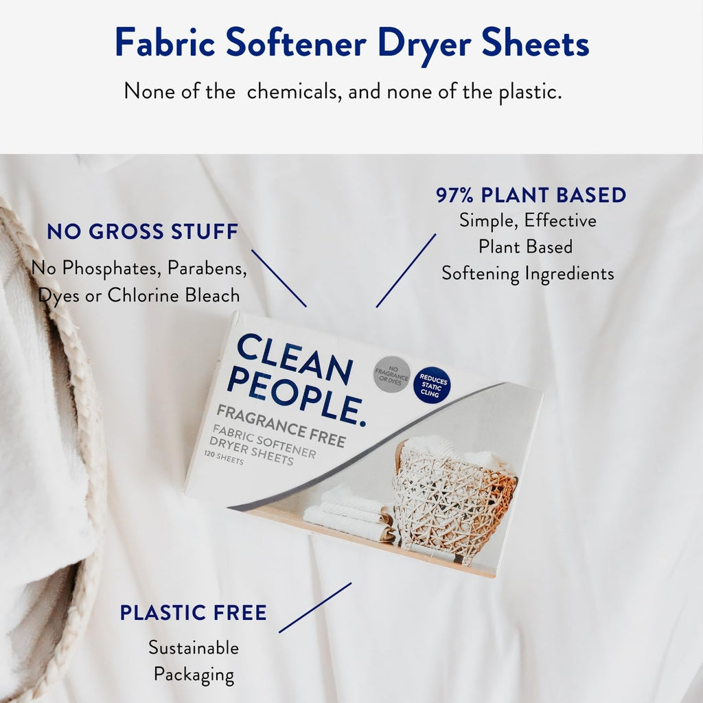 The Clean People Fabric Softener Sheets - Dryer Sheets - Softens & Removes Static Cling - Vegan Laundry Softener With Essential Oils - Fresh Scent, 120 Pack