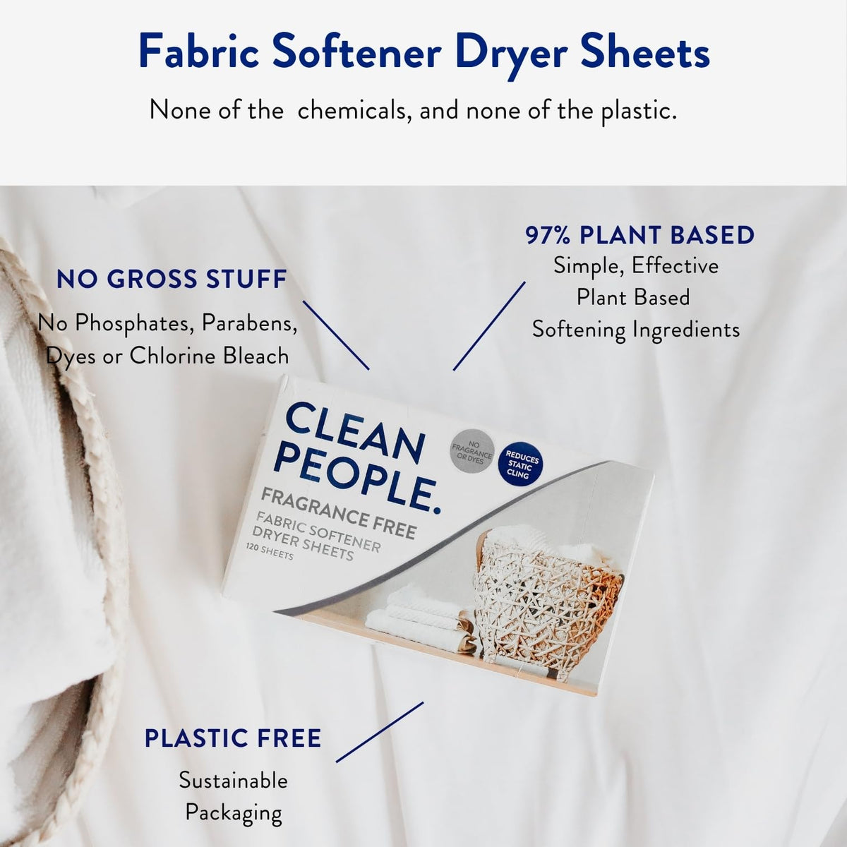 The Clean People Fabric Softener Sheets - Dryer Sheets - Softens & Removes Static Cling - Vegan Laundry Softener With Essential Oils - Fresh Scent, 120 Pack