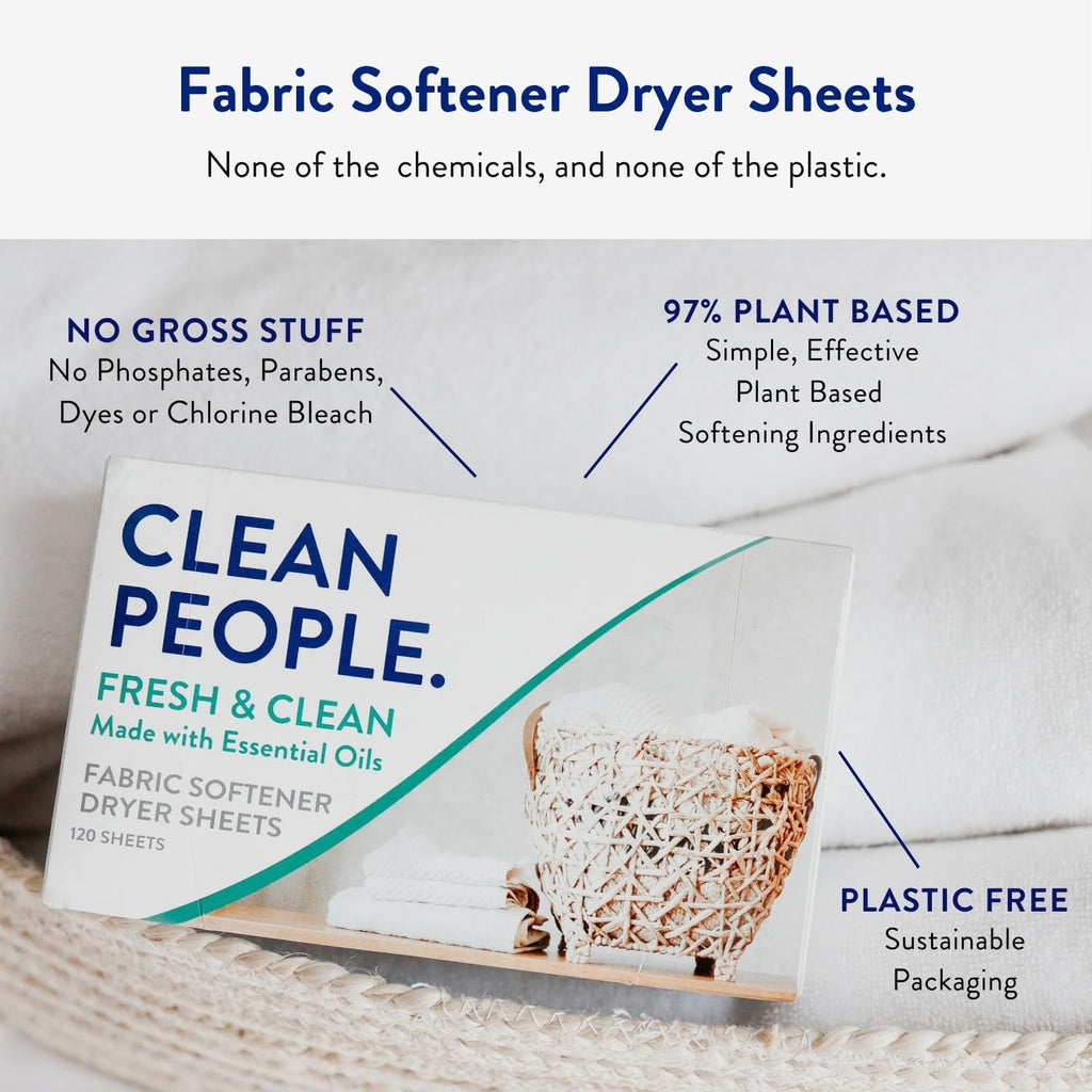 The Clean People Fabric Softener Sheets - Dryer Sheets - Softens & Removes Static Cling - Vegan Laundry Softener With Essential Oils - Fresh Scent, 120 Pack
