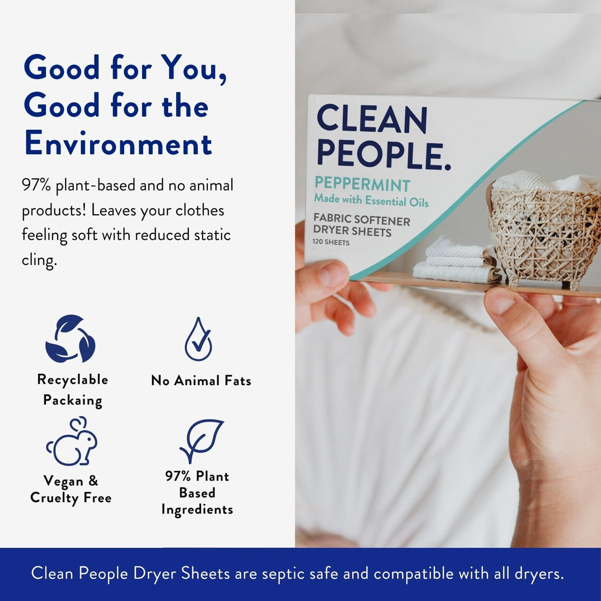 The Clean People Fabric Softener Sheets - Dryer Sheets - Softens & Removes Static Cling - Vegan Laundry Softener With Essential Oils - Fresh Scent, 120 Pack