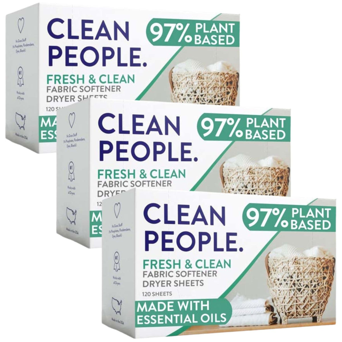The Clean People Fabric Softener Sheets - Dryer Sheets - Softens & Removes Static Cling - Vegan Laundry Softener With Essential Oils - Fresh Scent, 120 Pack
