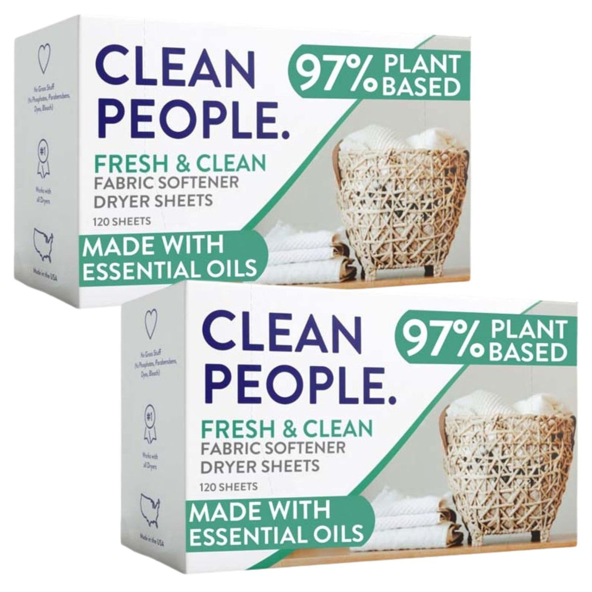 The Clean People Fabric Softener Sheets - Dryer Sheets - Softens & Removes Static Cling - Vegan Laundry Softener With Essential Oils - Fresh Scent, 120 Pack