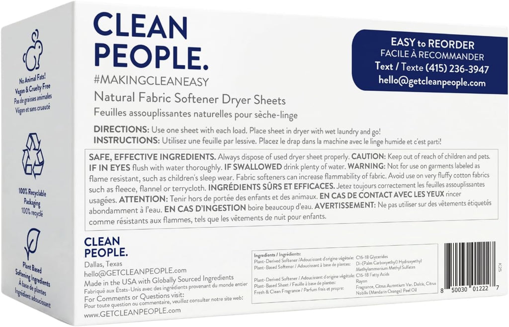 The Clean People Fabric Softener Sheets - Dryer Sheets - Softens & Removes Static Cling - Vegan Laundry Softener With Essential Oils - Fresh Scent, 120 Pack
