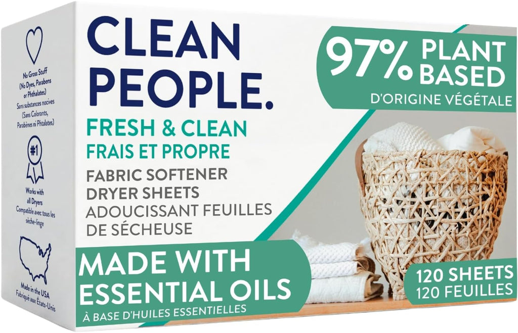 The Clean People Fabric Softener Sheets - Dryer Sheets - Softens & Removes Static Cling - Vegan Laundry Softener With Essential Oils - Fresh Scent, 120 Pack
