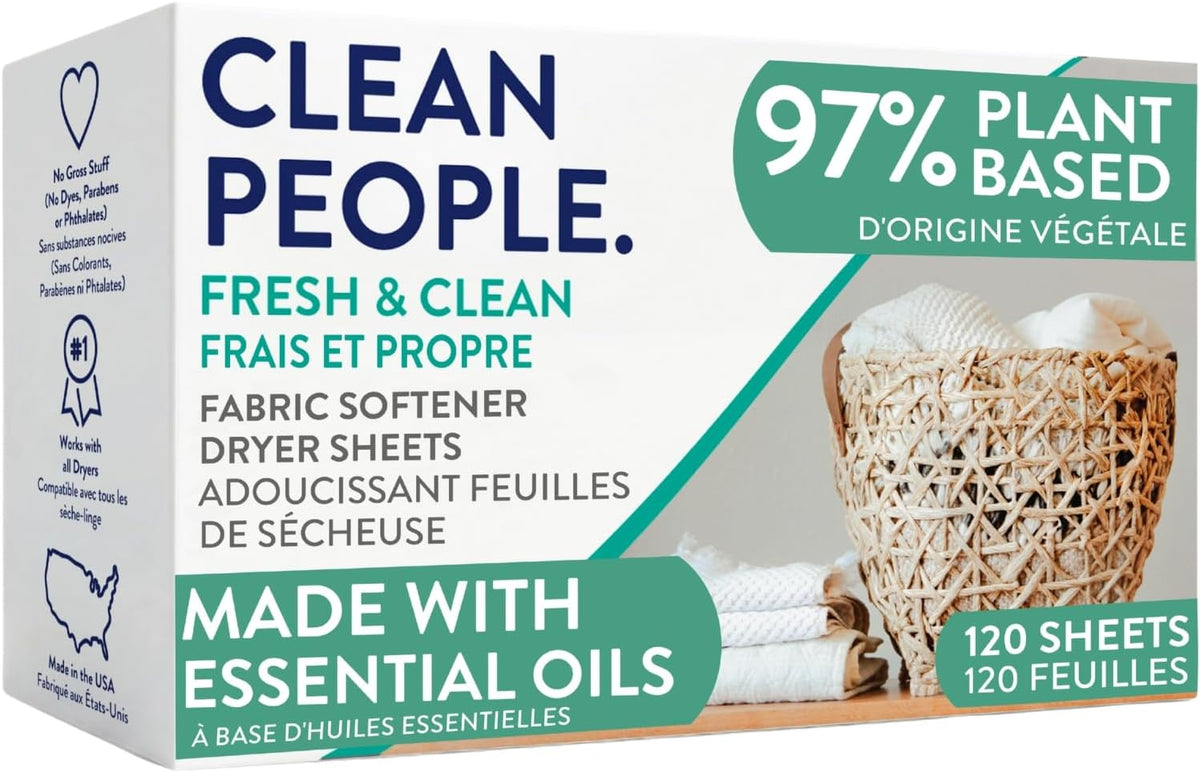 The Clean People Fabric Softener Sheets - Dryer Sheets - Softens & Removes Static Cling - Vegan Laundry Softener With Essential Oils - Fresh Scent, 120 Pack