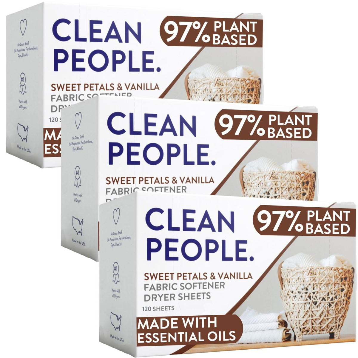 The Clean People Fabric Softener Sheets - Dryer Sheets - Softens & Removes Static Cling - Vegan Laundry Softener With Essential Oils - Fresh Scent, 120 Pack