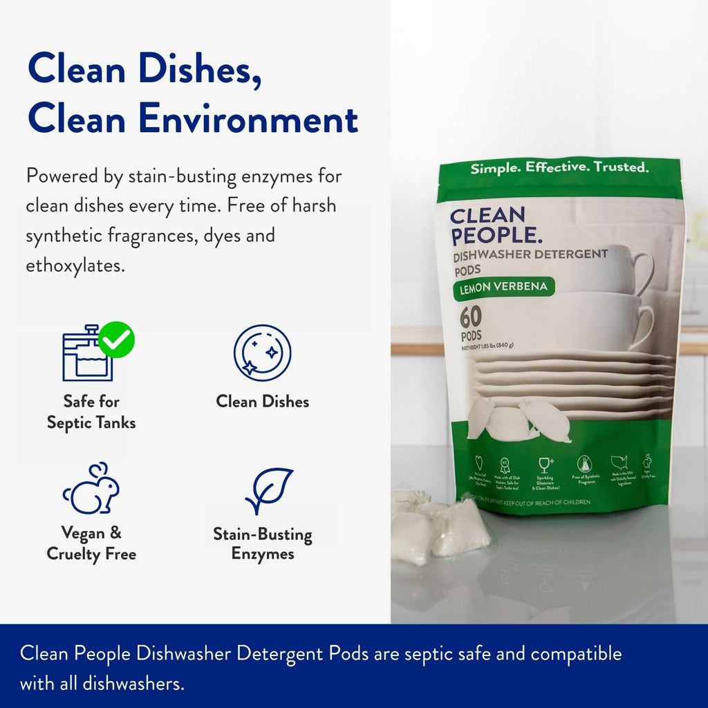 Clean People All Natural Dishwasher Pods - Cuts Grease & Rinses Sparkling Clean - Residue-Free - Phosphate Free Dishwashing Pods - Fragrance Free, 60 Pack