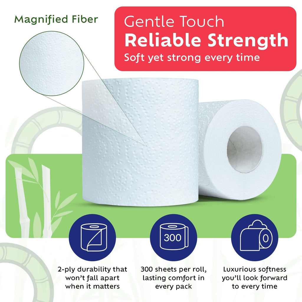Bamboo Toilet Paper, Septic Safe 2 Ply 300 Sheets Per Roll,  RV Safe, Eco-Friendly Proudly Made in Canada