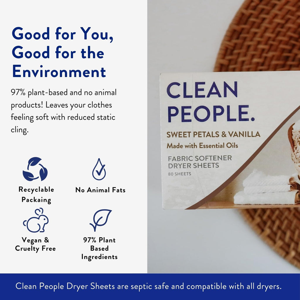 The Clean People Fabric Softener Sheets - Dryer Sheets - Softens & Removes Static Cling - Vegan Laundry Softener With Essential Oils - Fresh Scent, 120 Pack