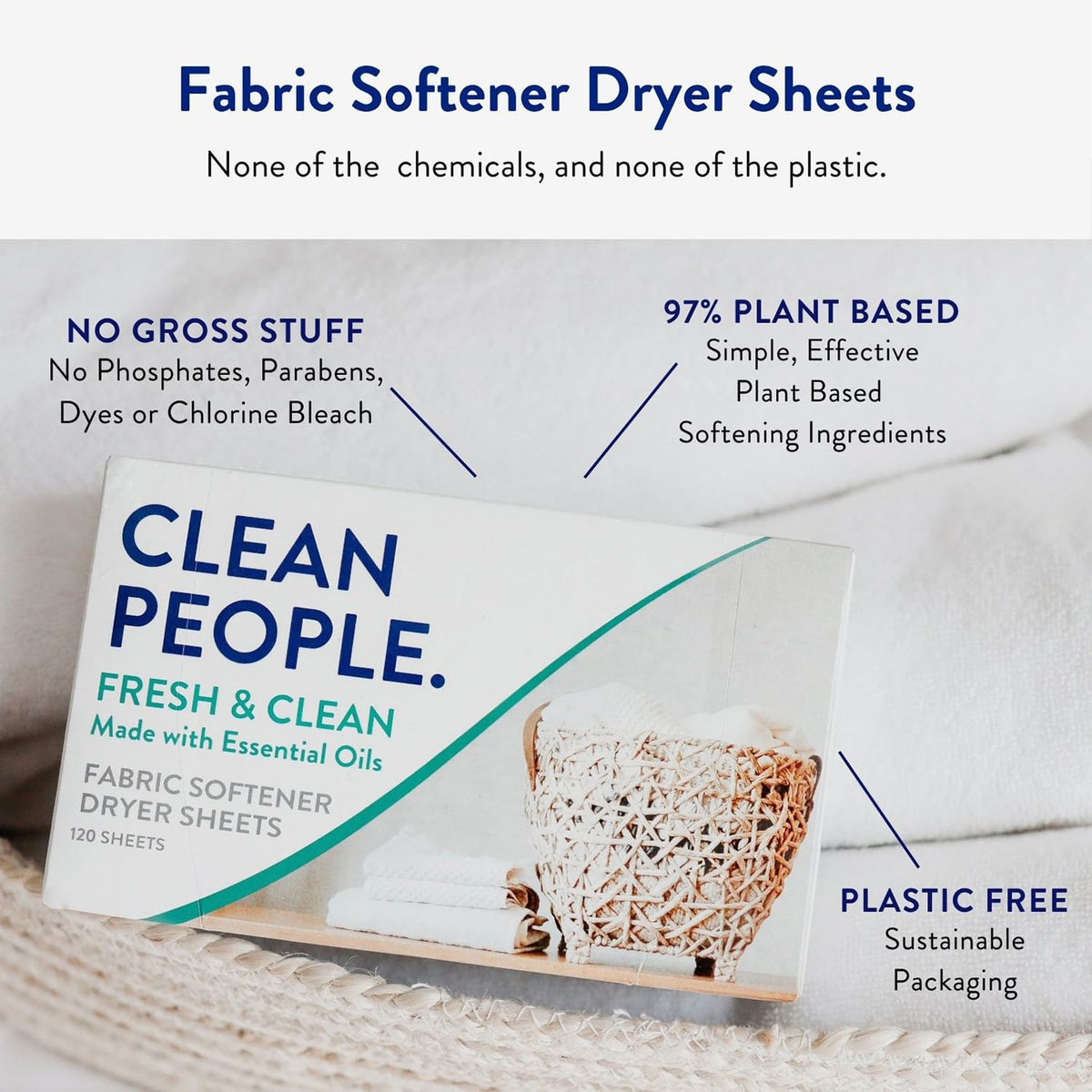 The Clean People Fabric Softener Sheets - Dryer Sheets - Softens & Removes Static Cling - Vegan Laundry Softener With Essential Oils - Fresh Scent, 120 Pack