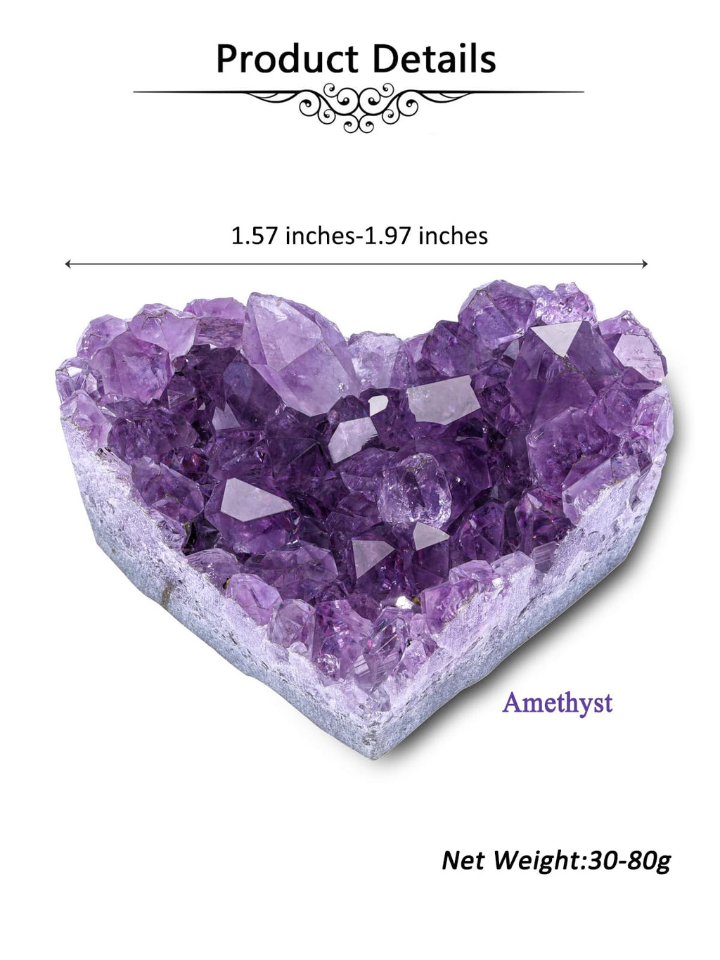 Jovivi Natural Raw Amethyst Heart Crystal Cluster Quartz Druzy, Medium