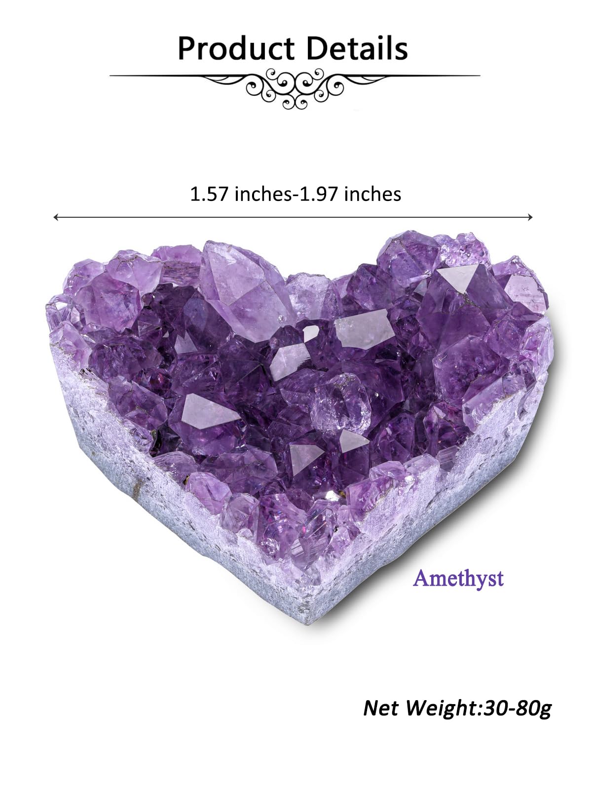 Jovivi Natural Raw Amethyst Heart Crystal Cluster Quartz Druzy, Medium
