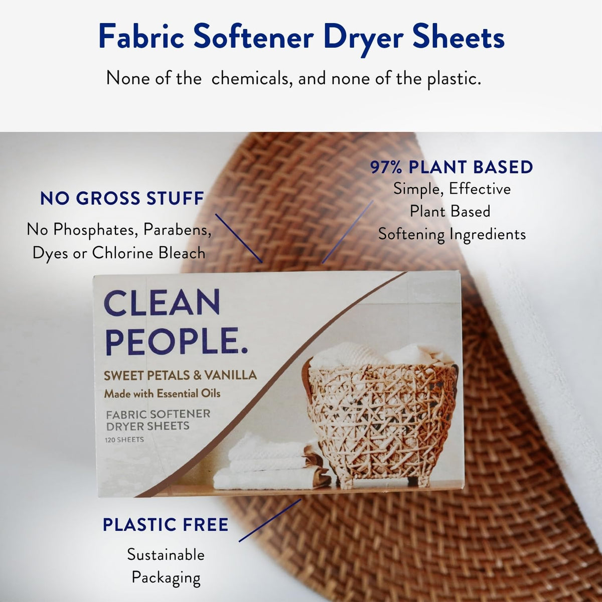 The Clean People Fabric Softener Sheets - Dryer Sheets - Softens & Removes Static Cling - Vegan Laundry Softener With Essential Oils - Fresh Scent, 120 Pack