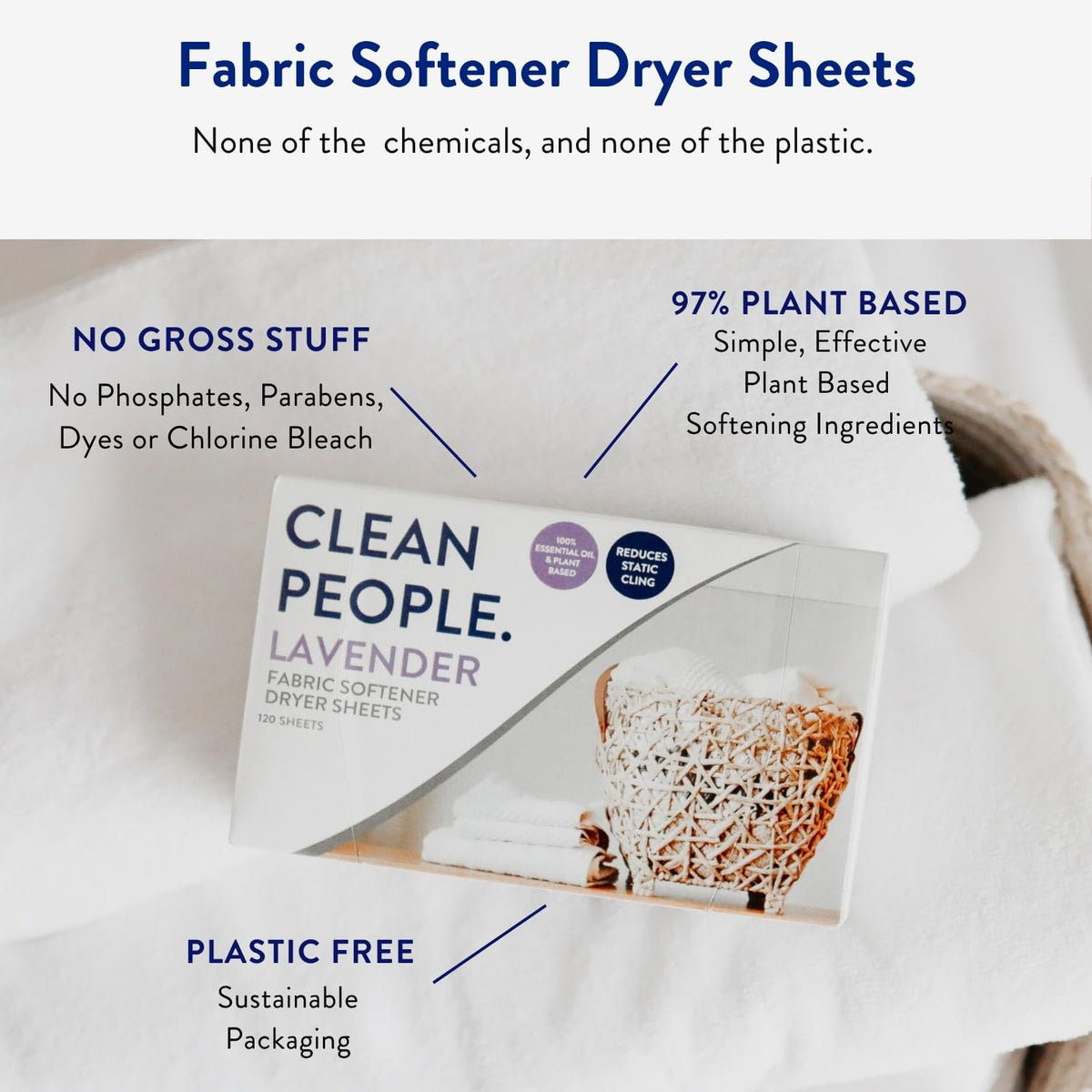The Clean People Fabric Softener Sheets - Dryer Sheets - Softens & Removes Static Cling - Vegan Laundry Softener With Essential Oils - Fresh Scent, 120 Pack
