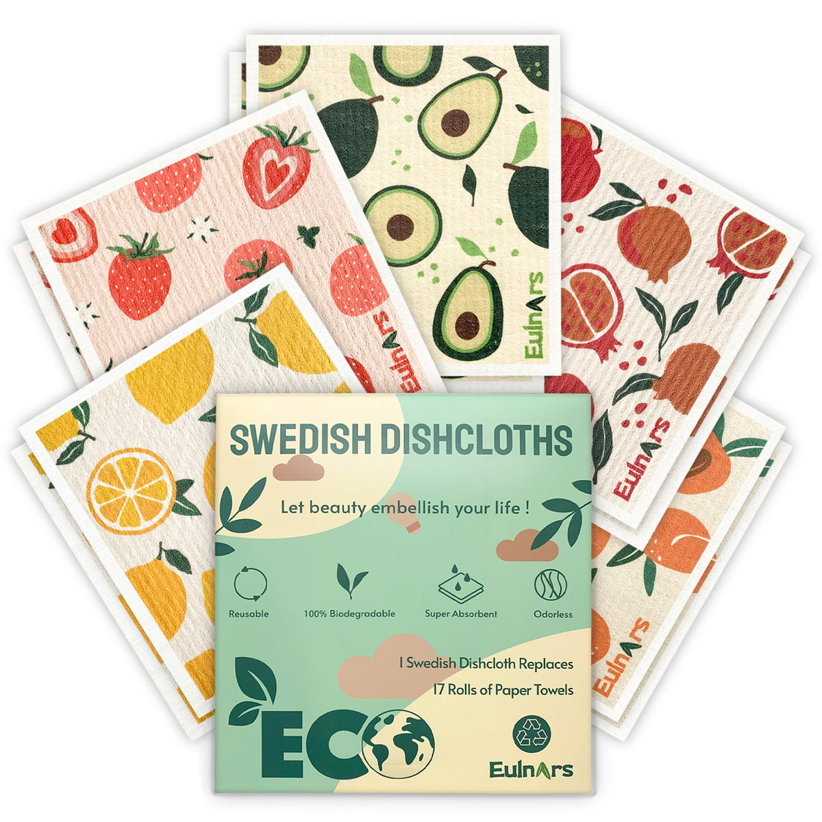 Eulnars Swedish Dish Cloth, 8 Pack Fruit Swedish Dishcloths for Kitchen, Reusable Paper Towels Washable, Biodegradable, Non-Scratch Cellulose Sponge Cloths, No Odor