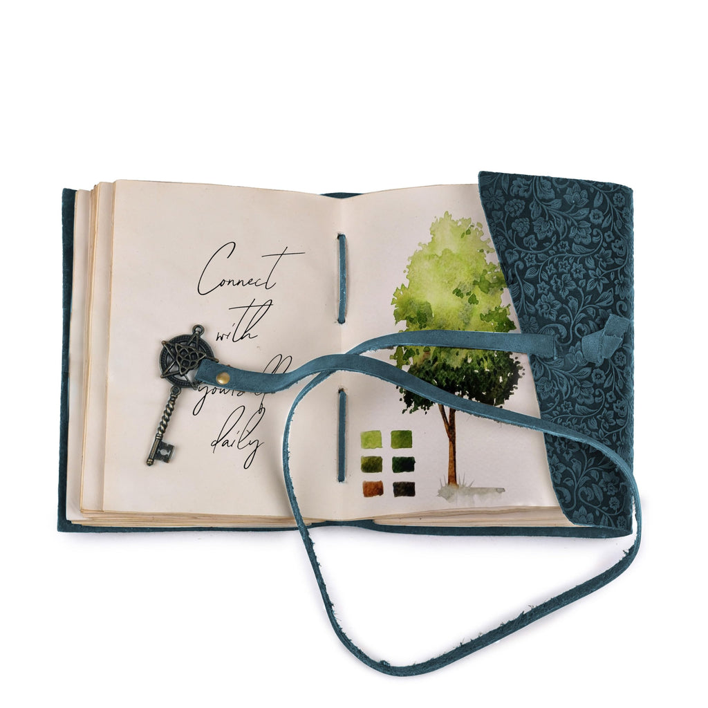 LEATHER VILLAGE Wiccan Journal Floral Pentagram, Green 7x5