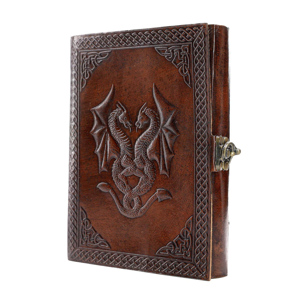 Handmade Leather Double Dragon Journal/Writing Notebook Diary/Bound Daily Notepad for Men & Women Unlined Paper Medium, Writing pad Gift for Artist, Sketch (8 x 6, Black)