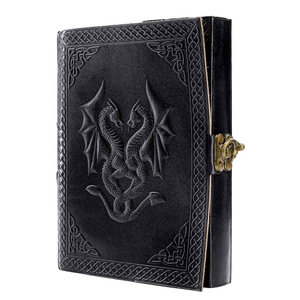 Handmade Leather Double Dragon Journal/Writing Notebook Diary/Bound Daily Notepad for Men & Women Unlined Paper Medium, Writing pad Gift for Artist, Sketch (8 x 6, Black)