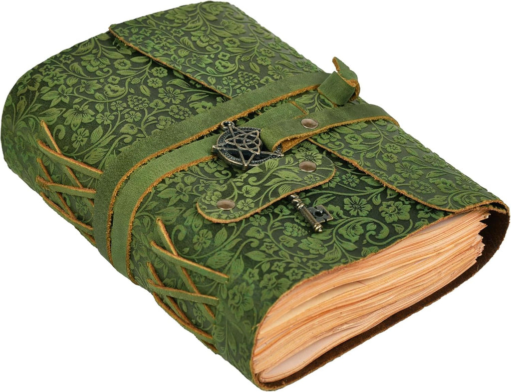 LEATHER VILLAGE Wiccan Journal Floral Pentagram, Green 7x5