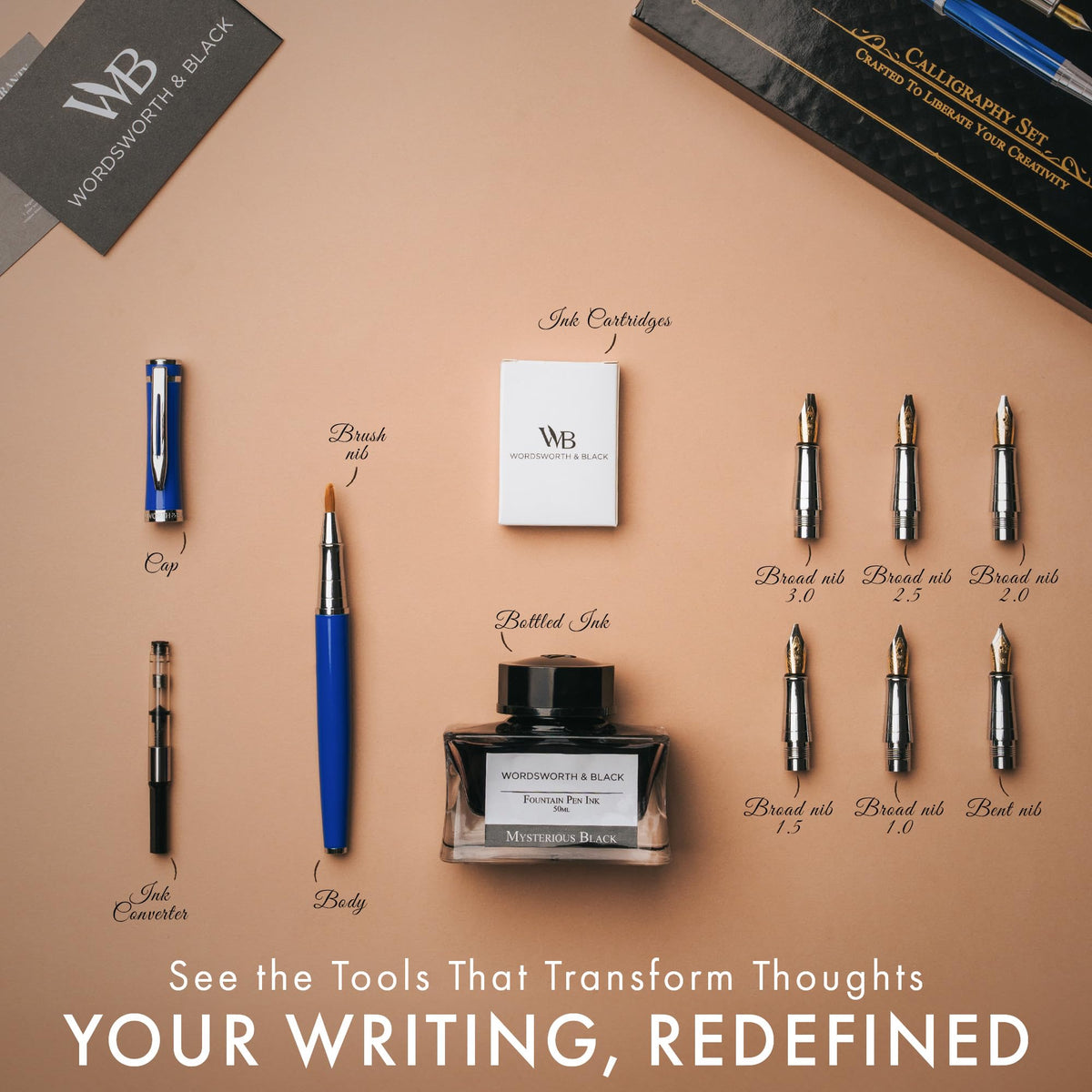 Wordsworth & Black Luxury Calligraphy Pen Set for Writing, 6 Nibs, Rainbow