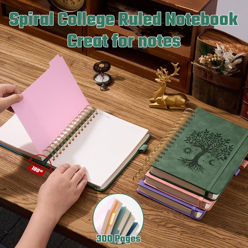 Ovesmusl Hardcover Spiral Notebook 8.5" x 11" with 5 Removable Dividers 300 Pages Leather 5 Subject Notebook College Ruled 100GSM Large Spiral Notebooks for Work Thick Lined Journal for Women, Green