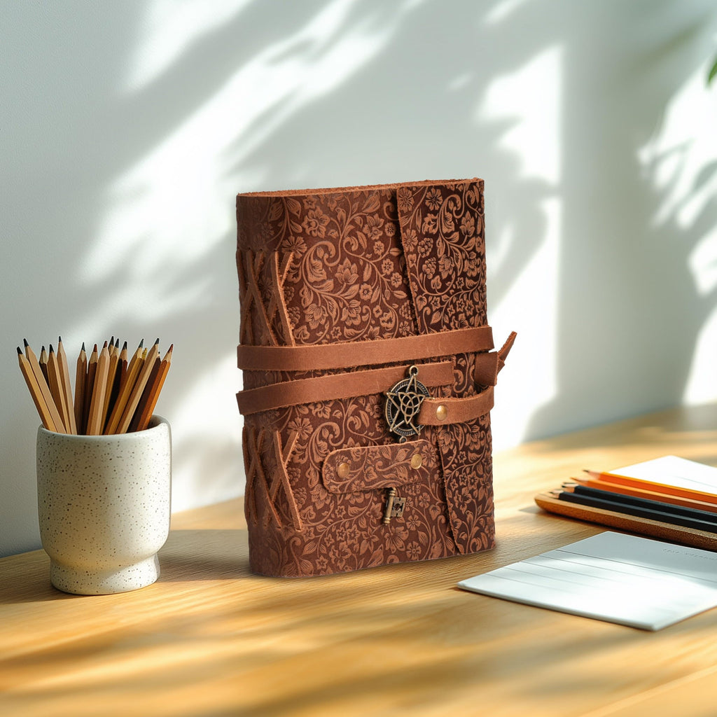 LEATHER VILLAGE Wiccan Journal Floral Pentagram, Green 7x5
