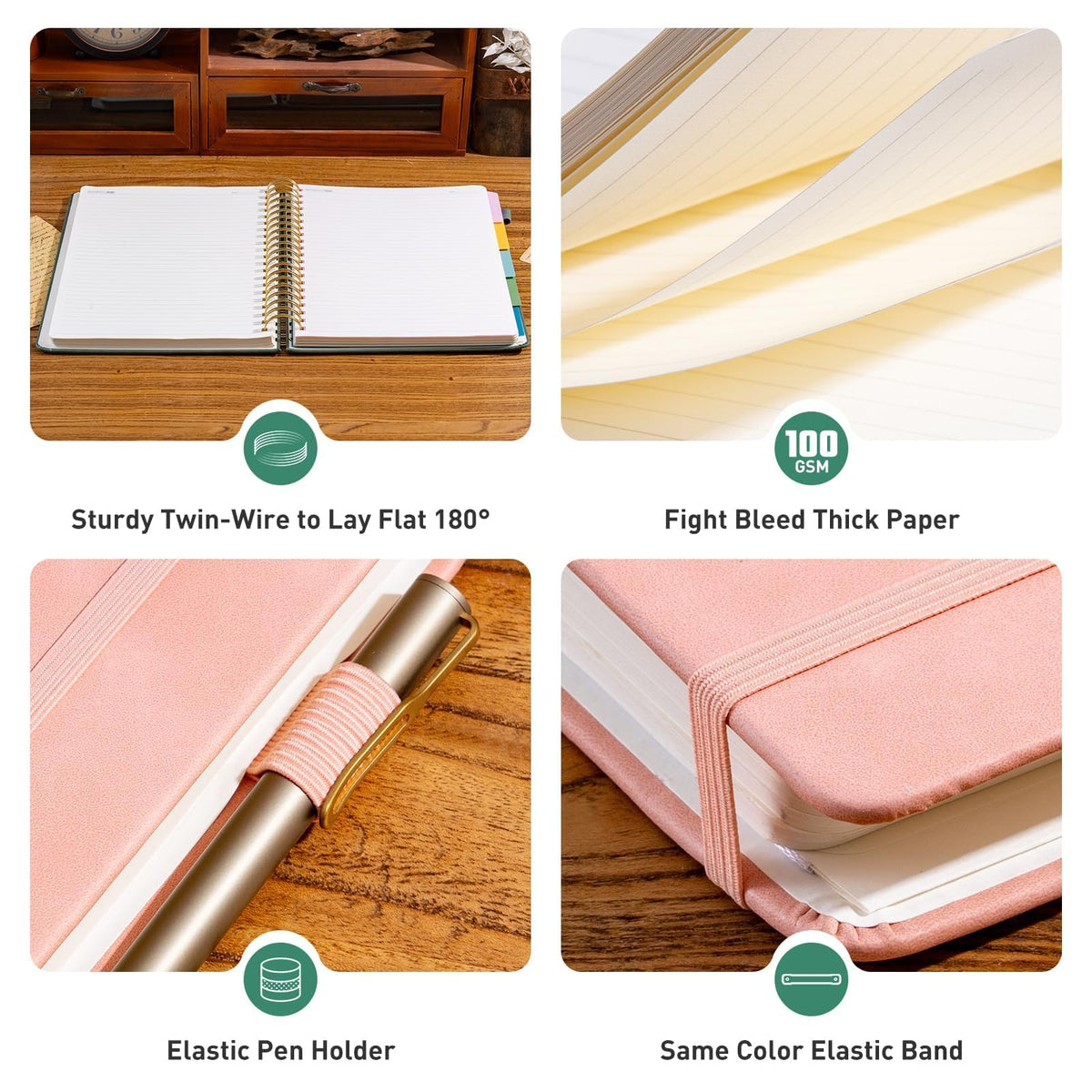 Ovesmusl Hardcover Spiral Notebook 8.5" x 11" with 5 Removable Dividers 300 Pages Leather 5 Subject Notebook College Ruled 100GSM Large Spiral Notebooks for Work Thick Lined Journal for Women, Green