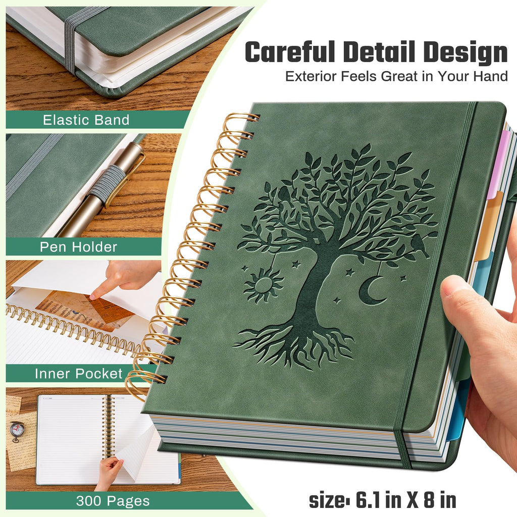 Ovesmusl Hardcover Spiral Notebook 8.5" x 11" with 5 Removable Dividers 300 Pages Leather 5 Subject Notebook College Ruled 100GSM Large Spiral Notebooks for Work Thick Lined Journal for Women, Green