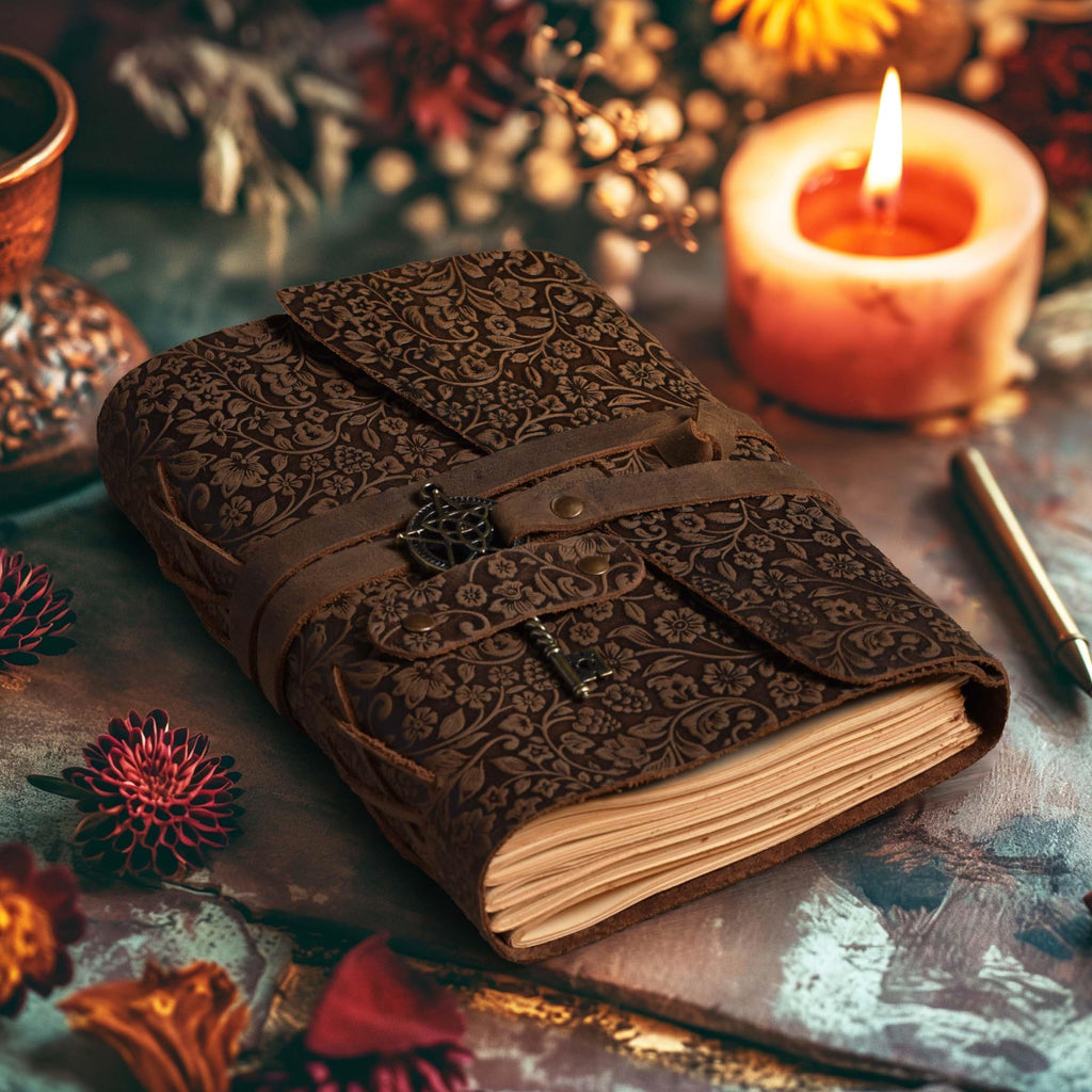 LEATHER VILLAGE Wiccan Journal Floral Pentagram, Green 7x5