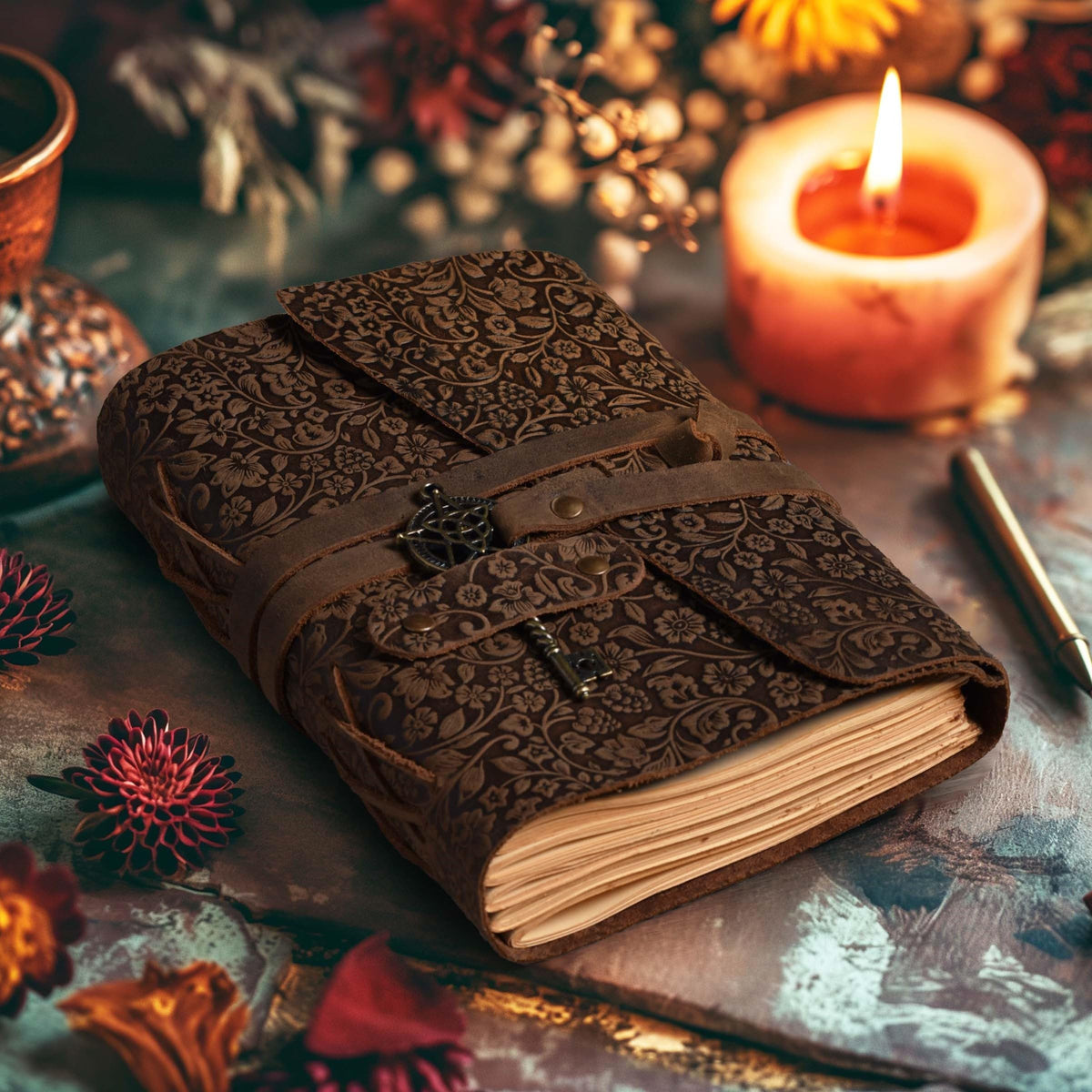 LEATHER VILLAGE Wiccan Journal Floral Pentagram, Green 7x5