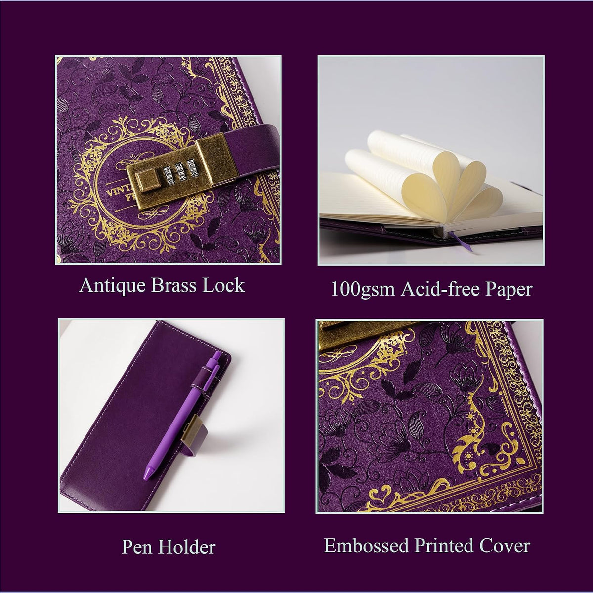 Vintage Leather Journal Notebook with Combination Lock, B6 Embossed Flower Secret Diary Ruled Lined Paper for Writing, Gift for Women Girls Children (Purple)