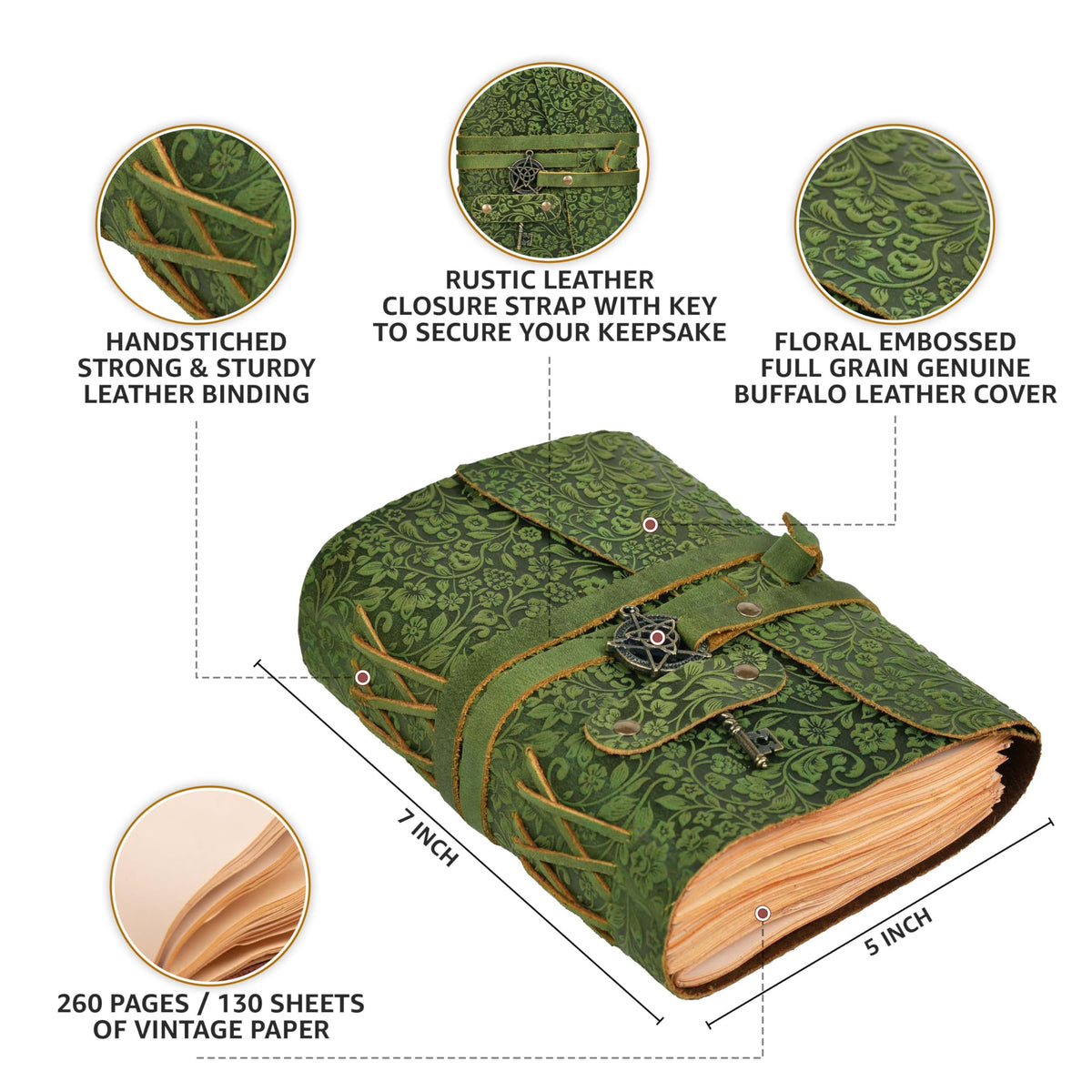 LEATHER VILLAGE Wiccan Journal Floral Pentagram, Green 7x5