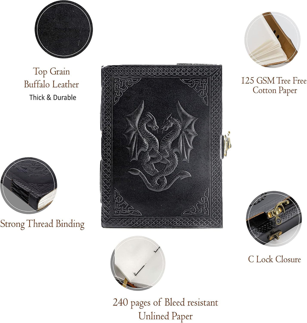 Handmade Leather Double Dragon Journal/Writing Notebook Diary/Bound Daily Notepad for Men & Women Unlined Paper Medium, Writing pad Gift for Artist, Sketch (8 x 6, Black)