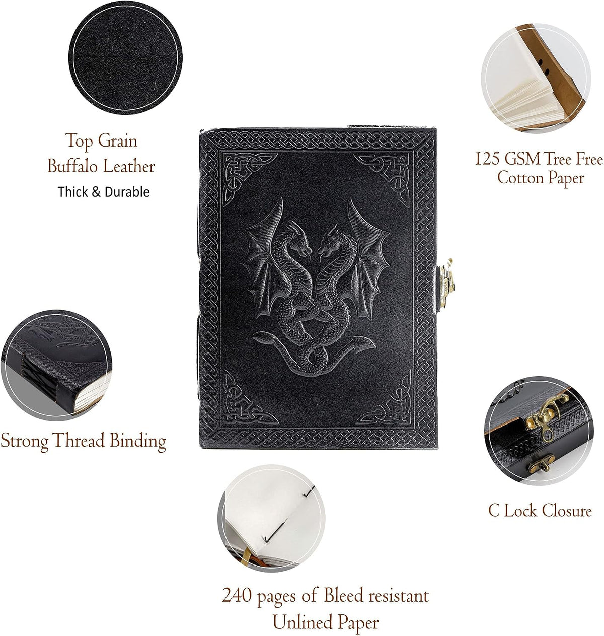 Handmade Leather Double Dragon Journal/Writing Notebook Diary/Bound Daily Notepad for Men & Women Unlined Paper Medium, Writing pad Gift for Artist, Sketch (8 x 6, Black)