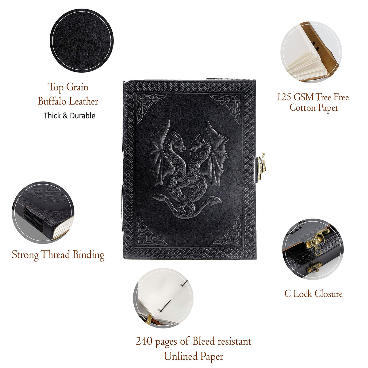 Handmade Leather Double Dragon Journal/Writing Notebook Diary/Bound Daily Notepad for Men & Women Unlined Paper Medium, Writing pad Gift for Artist, Sketch (8 x 6, Black)