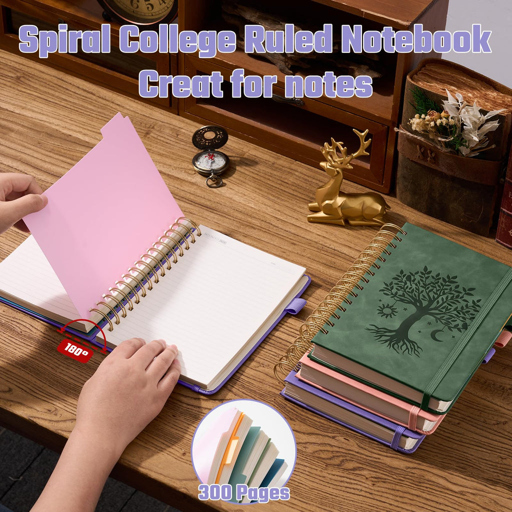 Ovesmusl Hardcover Spiral Notebook 8.5" x 11" with 5 Removable Dividers 300 Pages Leather 5 Subject Notebook College Ruled 100GSM Large Spiral Notebooks for Work Thick Lined Journal for Women, Green