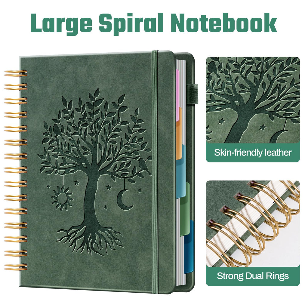 Ovesmusl Hardcover Spiral Notebook 8.5" x 11" with 5 Removable Dividers 300 Pages Leather 5 Subject Notebook College Ruled 100GSM Large Spiral Notebooks for Work Thick Lined Journal for Women, Green