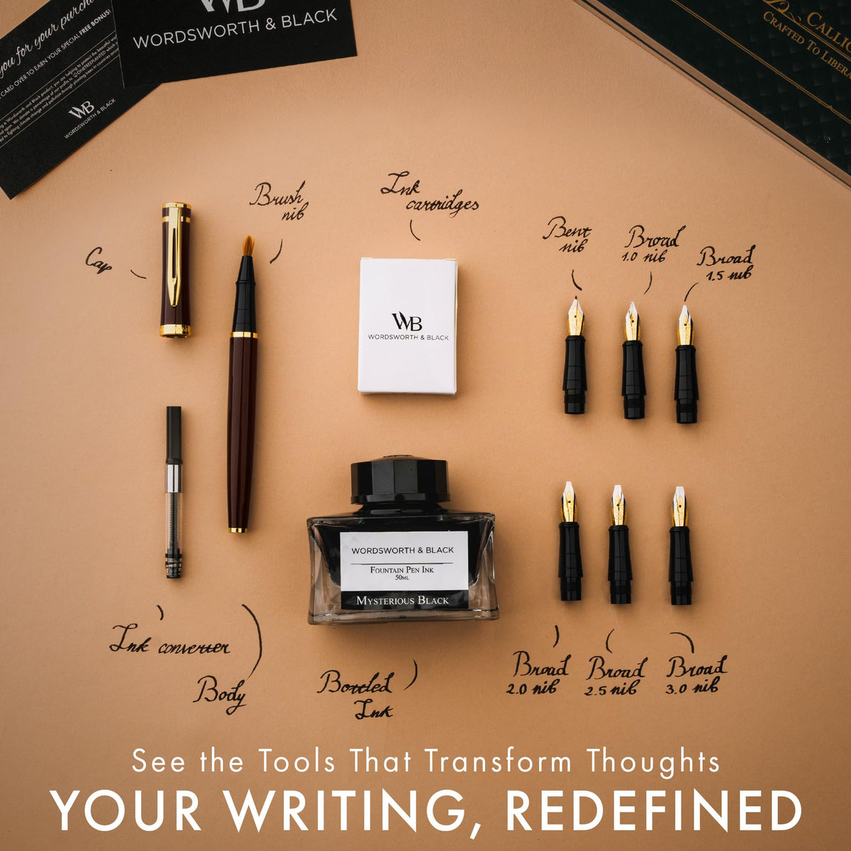 Wordsworth & Black Luxury Calligraphy Pen Set for Writing, 6 Nibs, Rainbow